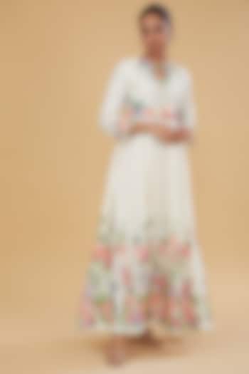 Ivory Cotton Silk Floral Hand-Painted Party Wear Anarkali by Aharin India at Pernia's Pop Up Shop