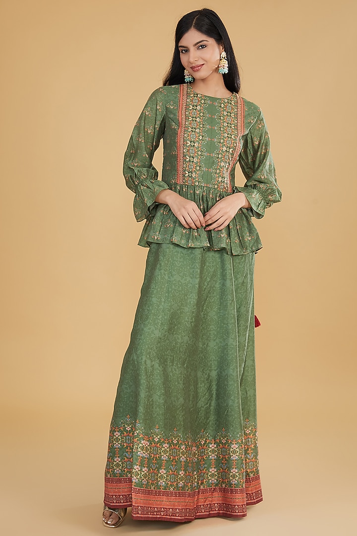 Green Cotton Silk Floral Printed Lehenga Set by Aharin India at Pernia's Pop Up Shop