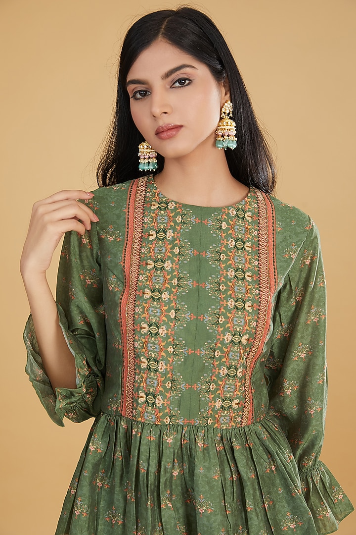 Green Cotton Silk Floral Printed Lehenga Set by Aharin India at Pernia's Pop Up Shop