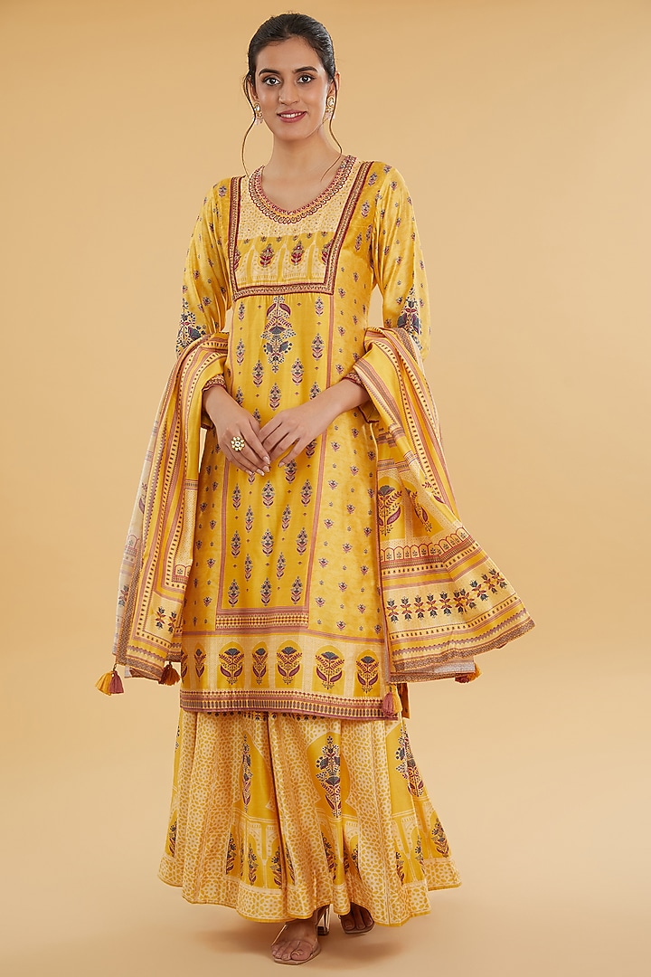 Yellow Cotton Silk Floral Printed Lehenga Set by Aharin India at Pernia's Pop Up Shop