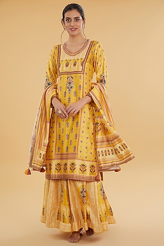 Yellow Cotton Silk Floral Printed Lehenga Set by Aharin India