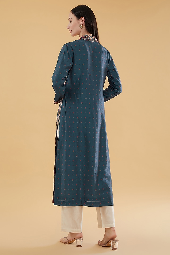 Blue Cotton Silk Floral Motif Printed Kurta Set by Aharin India at Pernia's Pop Up Shop