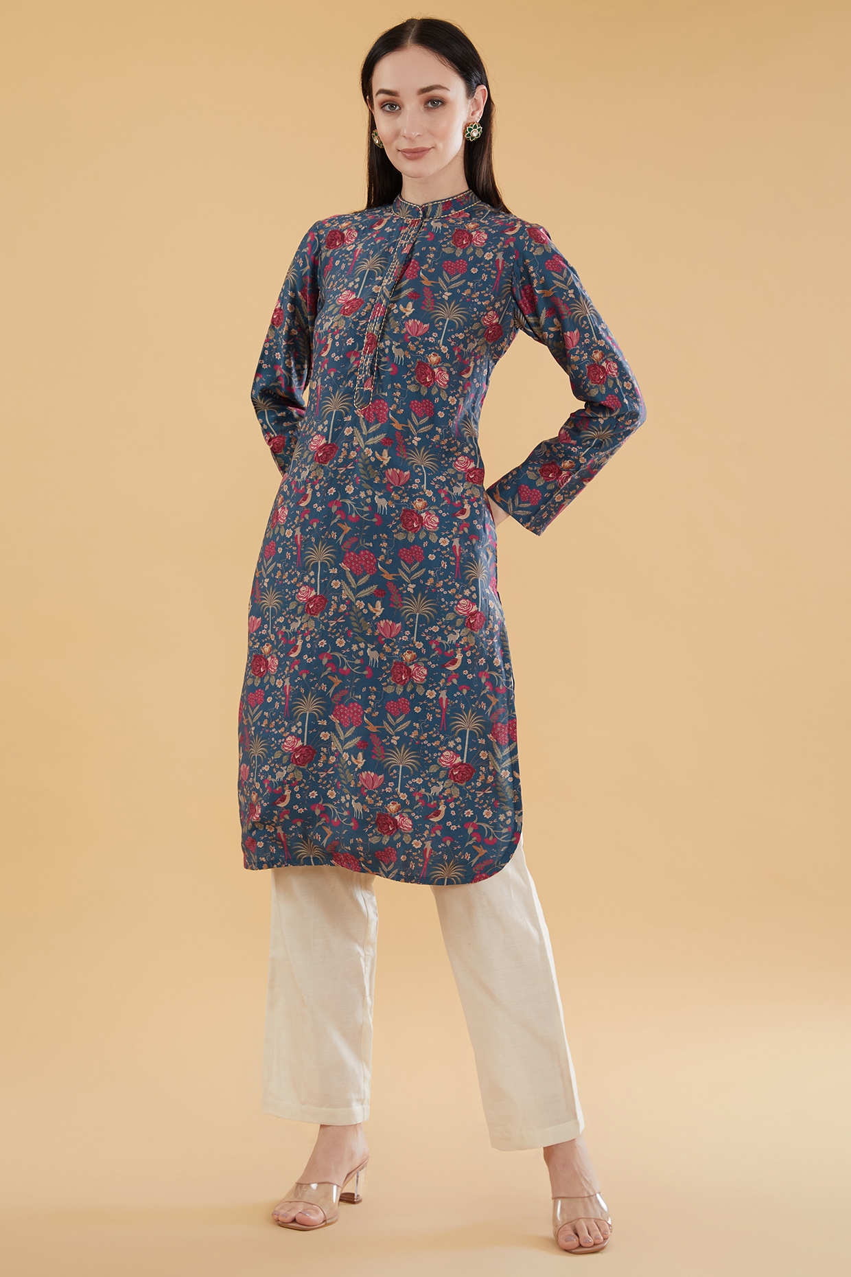 Hassu's women white elbow sleeves cotton floral regular short length  mandarin collar kurti - Hassus - 4158562