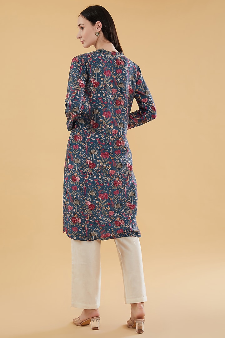 Blue Cotton Silk Floral Motif Printed Kurta Set by Aharin India at Pernia's Pop Up Shop