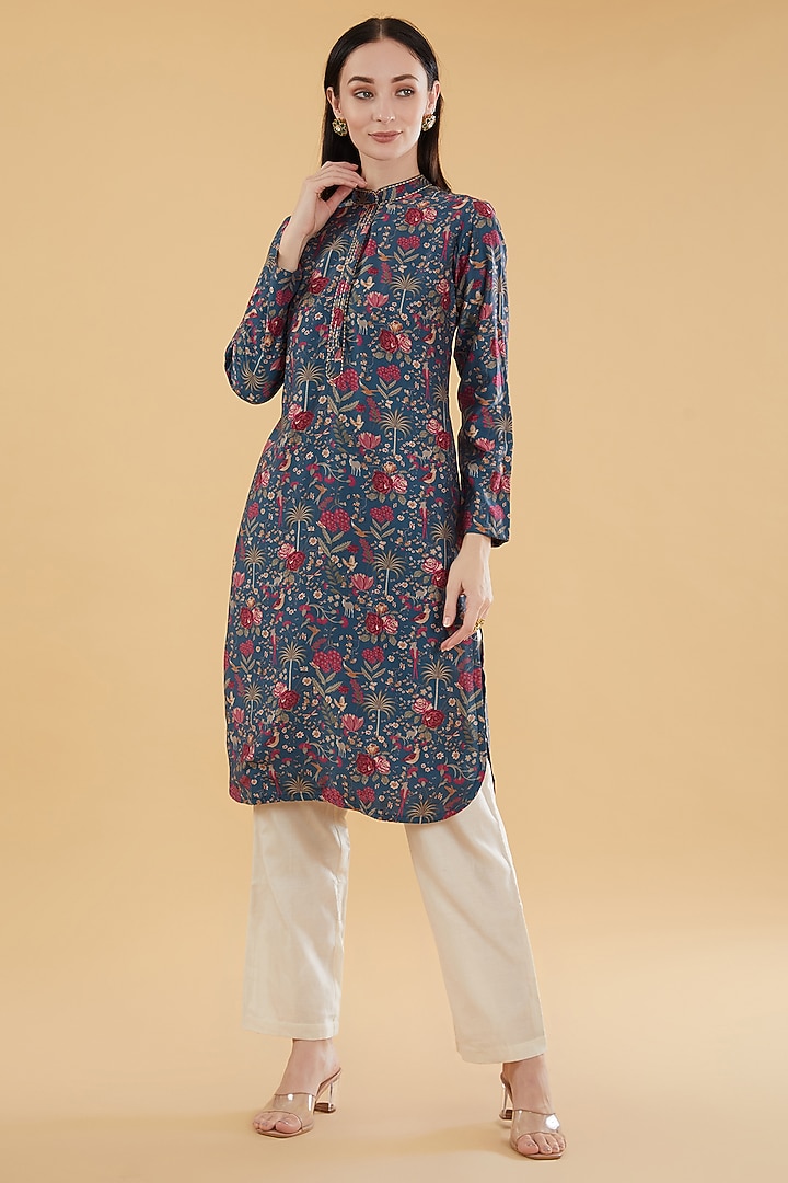 Blue Cotton Silk Floral Motif Printed Kurta Set by Aharin India at Pernia's Pop Up Shop