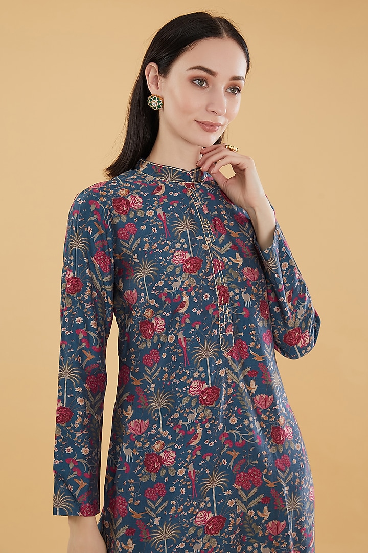 Blue Cotton Silk Floral Motif Printed Kurta Set by Aharin India at Pernia's Pop Up Shop
