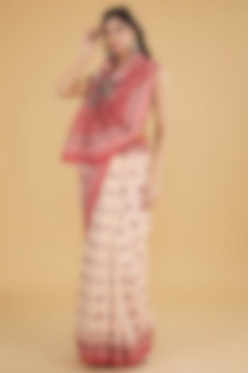 Peach & Red Cotton Silk Floral Printed Party Wear Saree Set by Aharin India at Pernia's Pop Up Shop