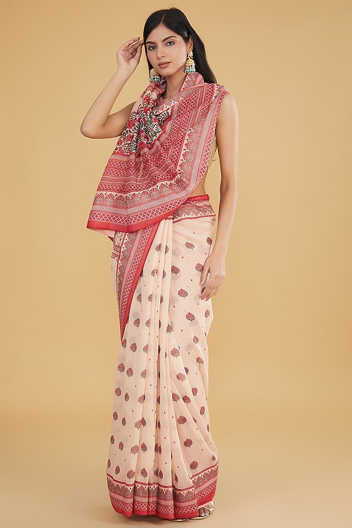 Peach & Red Cotton Silk Floral Printed Party Wear Saree Set by Aharin India at Pernia's Pop Up Shop