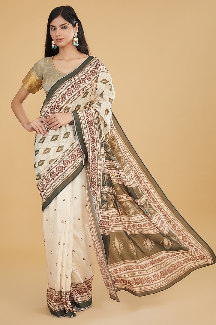 Ivory & Green Cotton Silk Floral Printed Saree Set by Aharin India at Pernia's Pop Up Shop