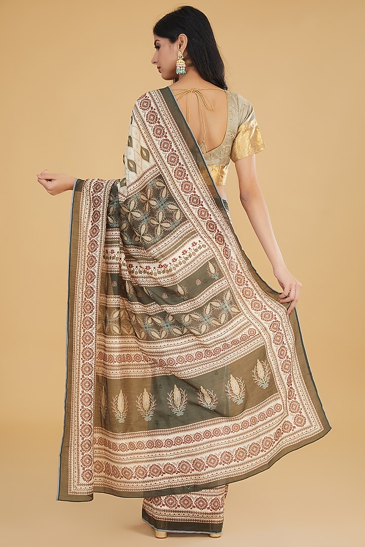 Ivory & Green Cotton Silk Floral Printed Party Wear Saree Set by Aharin India at Pernia's Pop Up Shop