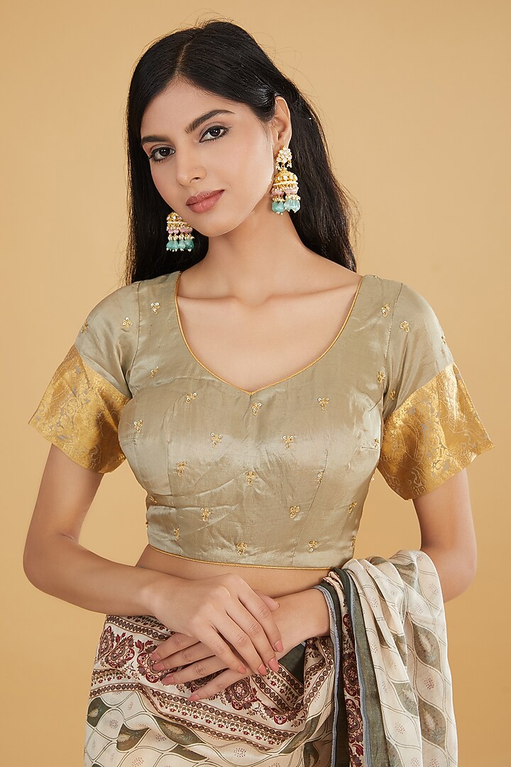 Ivory & Green Cotton Silk Floral Printed Party Wear Saree Set by Aharin India at Pernia's Pop Up Shop
