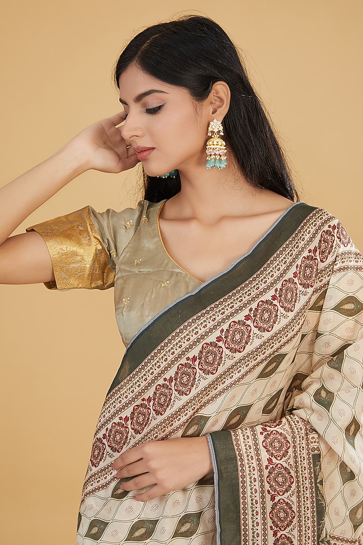 Ivory & Green Cotton Silk Floral Printed Party Wear Saree Set by Aharin India at Pernia's Pop Up Shop