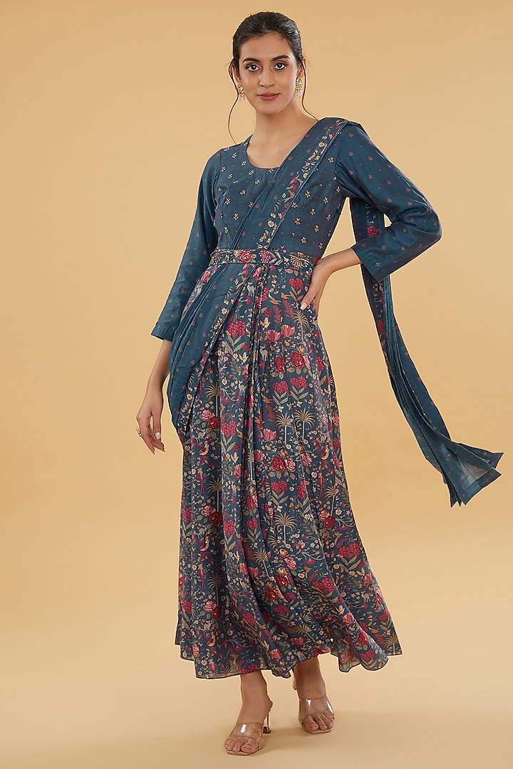 Navy Blue Cotton Silk Floral Printed Kurta With Attached Dupatta by Aharin India