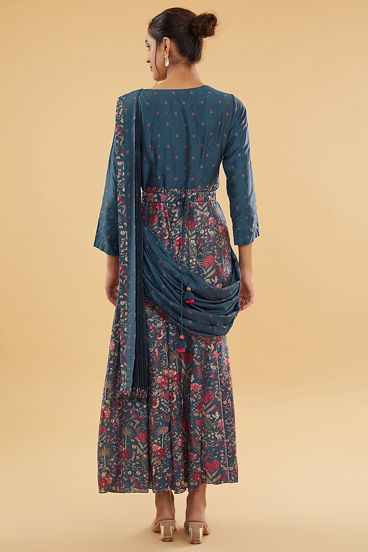 Navy Blue Cotton Silk Floral Printed Kurta With Attached Dupatta by Aharin India at Pernia's Pop Up Shop