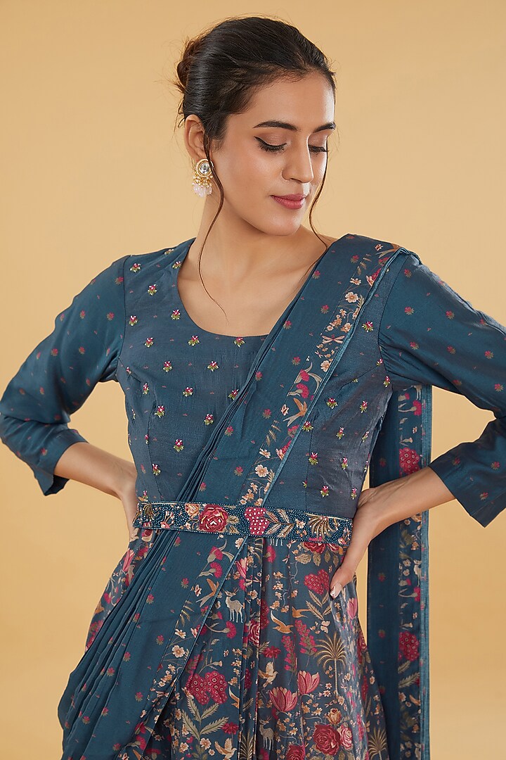 Navy Blue Cotton Silk Floral Printed Kurta With Attached Dupatta by Aharin India at Pernia's Pop Up Shop