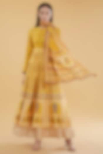 Yellow Cotton Silk Floral Printed Lehenga Set by Aharin India at Pernia's Pop Up Shop