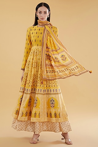 Yellow Cotton Silk Floral Printed Lehenga Set by Aharin India