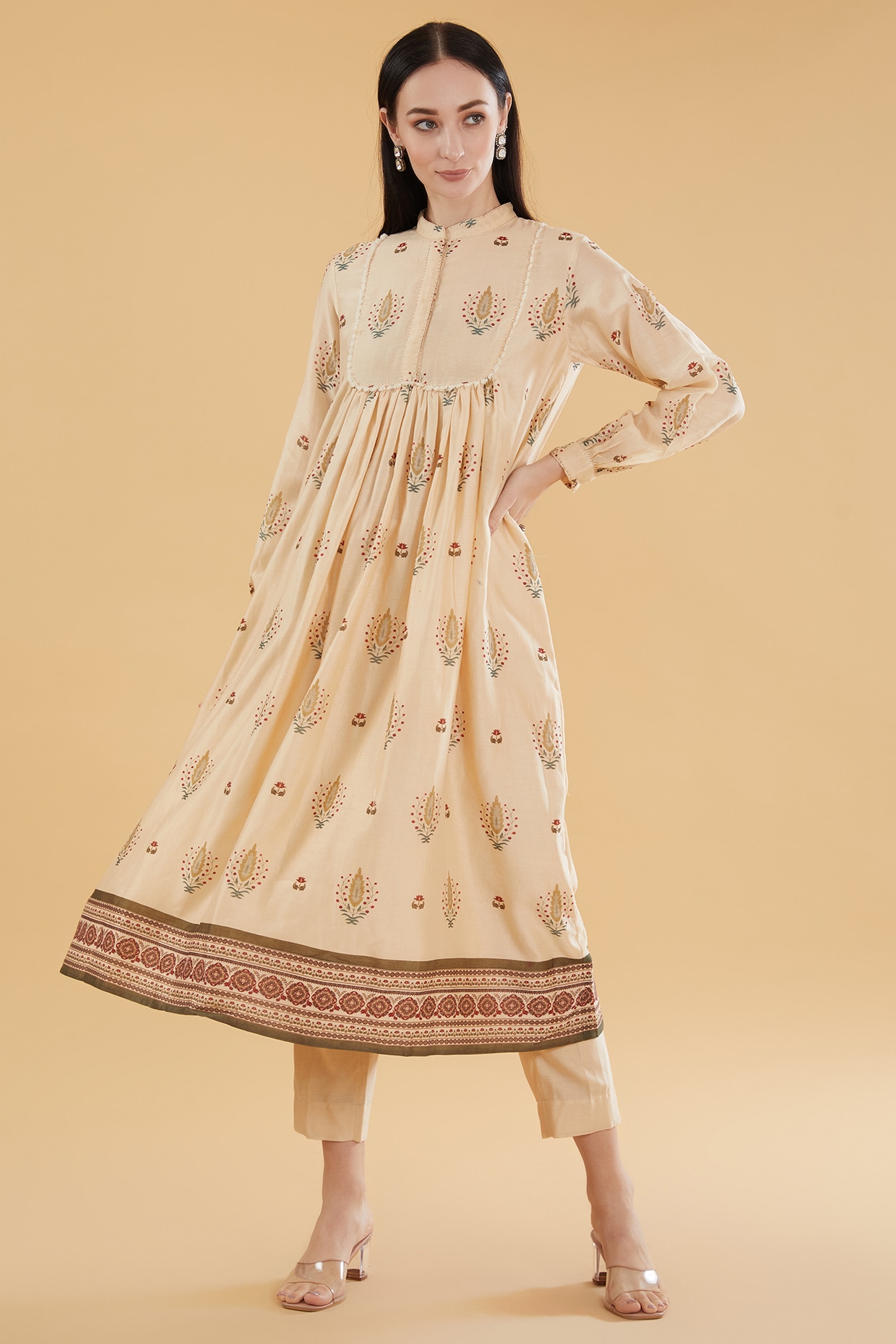 Yoke Embroidered Sequins Embellished Cotton Silk Kurta | Rangoon-4483 |  Cilory.com