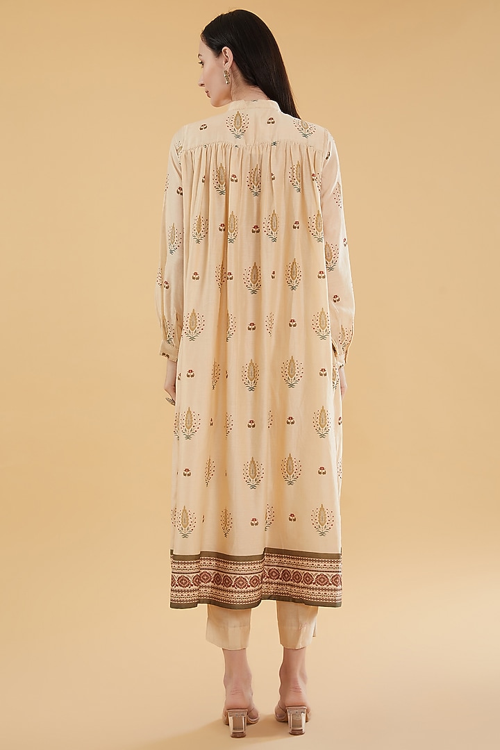 Beige Cotton Silk Floral Printed Kurta Set by Aharin India at Pernia's Pop Up Shop