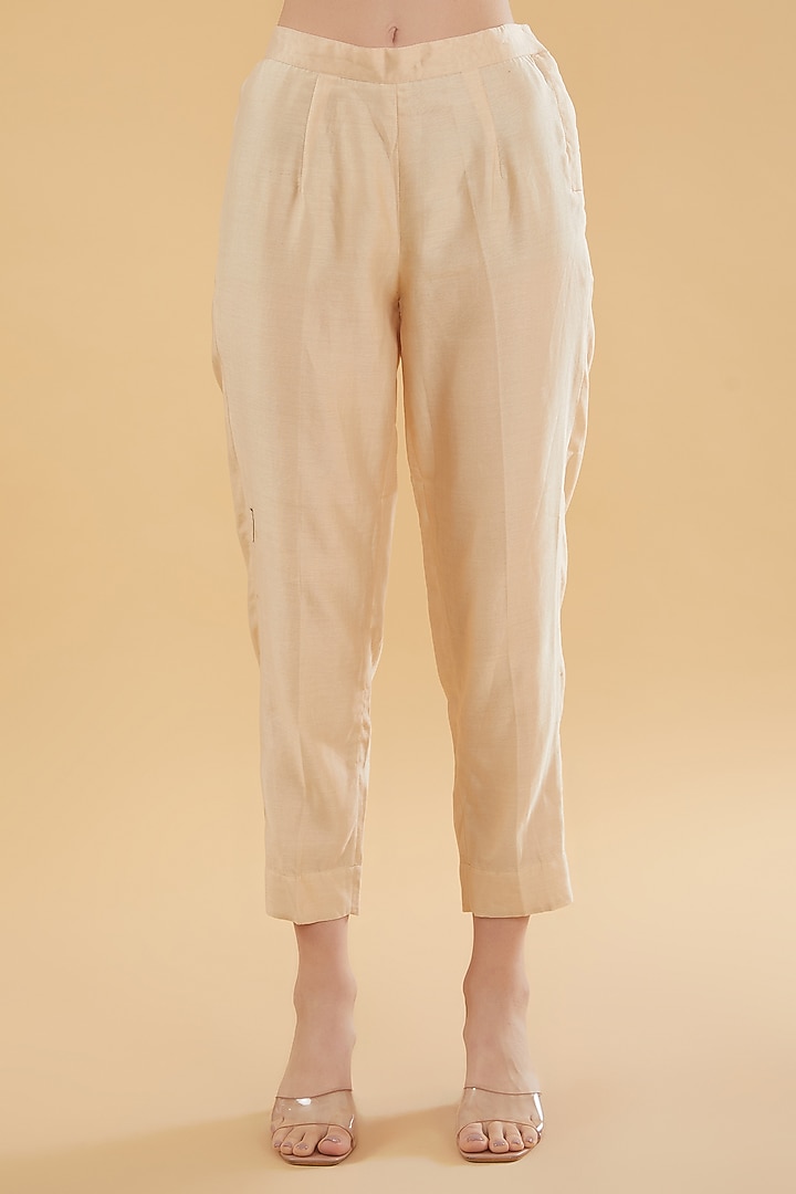 Beige Cotton Silk Floral Printed Kurta Set by Aharin India at Pernia's Pop Up Shop
