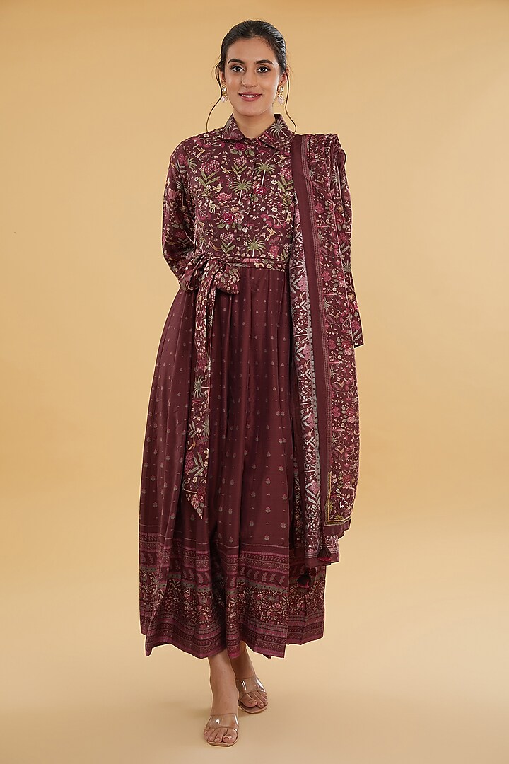 Maroon Cotton Silk Floral Printed Kurta With Attached Dupatta by Aharin India