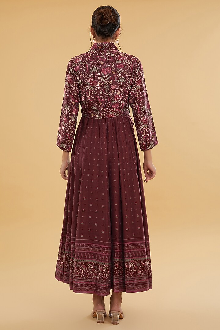 Maroon Cotton Silk Floral Printed Kurta With Attached Dupatta by Aharin India at Pernia's Pop Up Shop