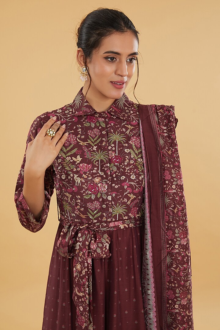 Maroon Cotton Silk Floral Printed Kurta With Attached Dupatta by Aharin India at Pernia's Pop Up Shop