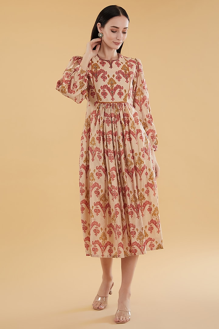 Beige Cotton Silk Floral Printed Midi Dress by Aharin India