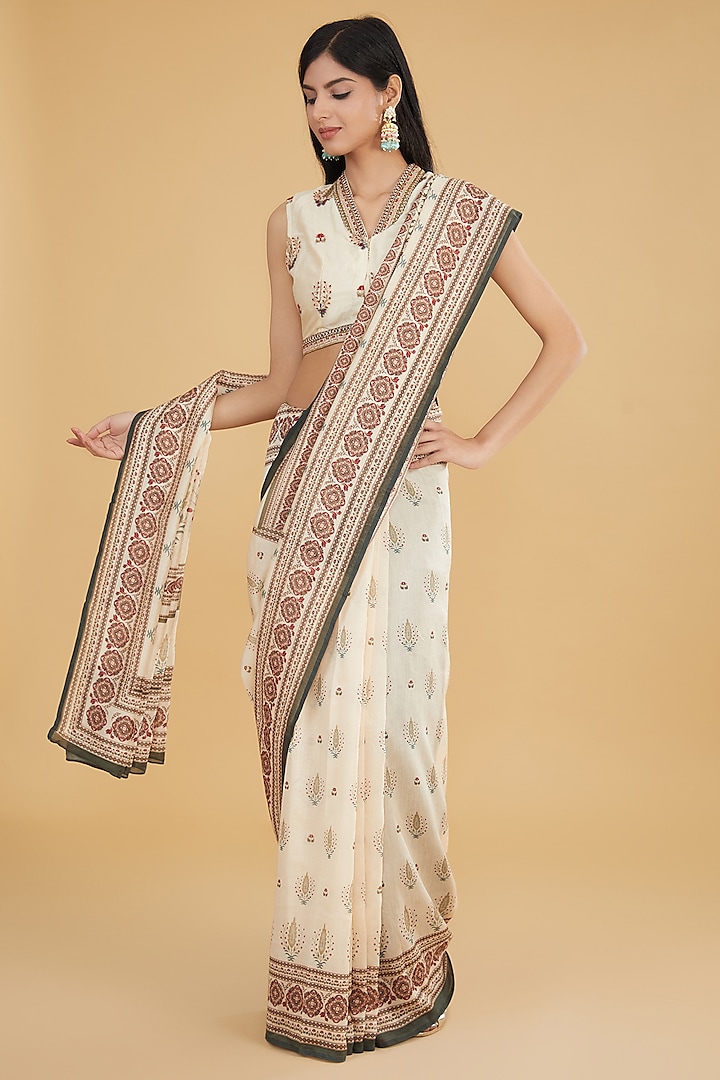 Ivory & Green Cotton Silk Floral Printed Saree Set by Aharin India