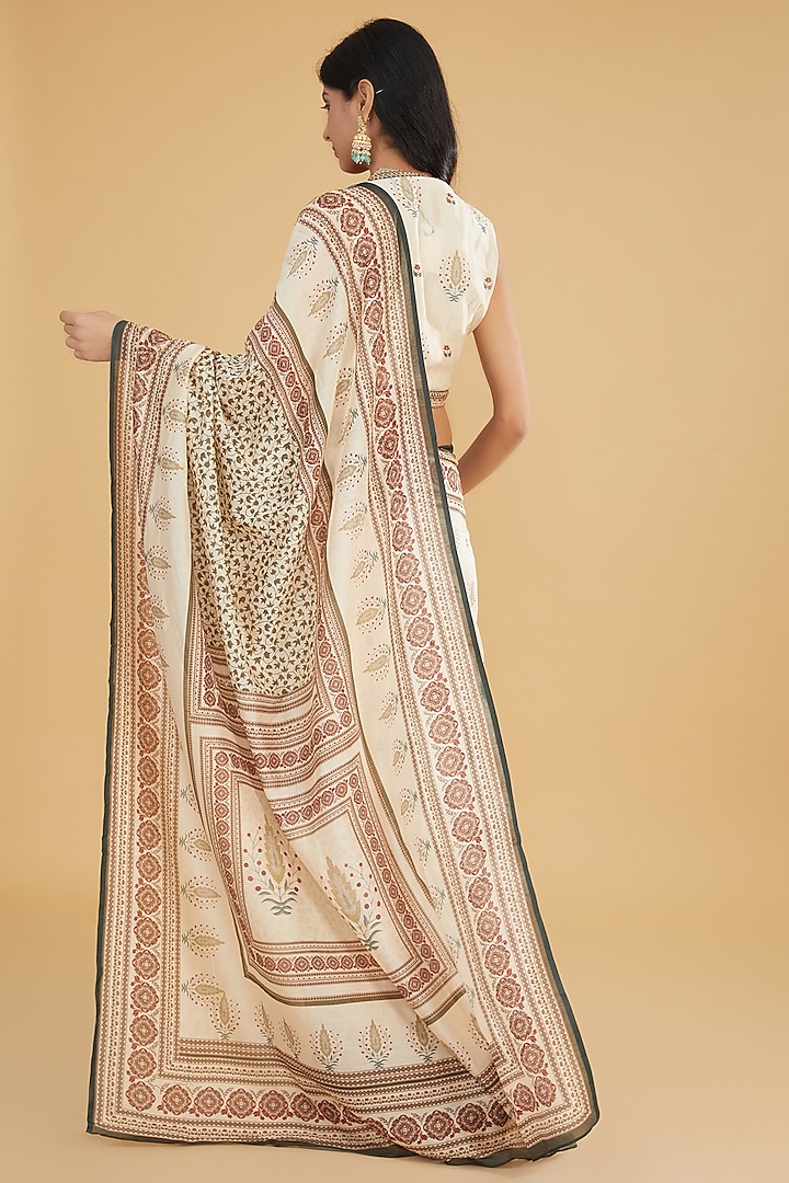 Ivory & Green Cotton Silk Floral Printed Party Wear Saree Set by Aharin India at Pernia's Pop Up Shop
