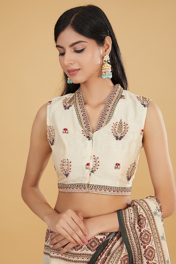 Ivory & Green Cotton Silk Floral Printed Party Wear Saree Set by Aharin India at Pernia's Pop Up Shop