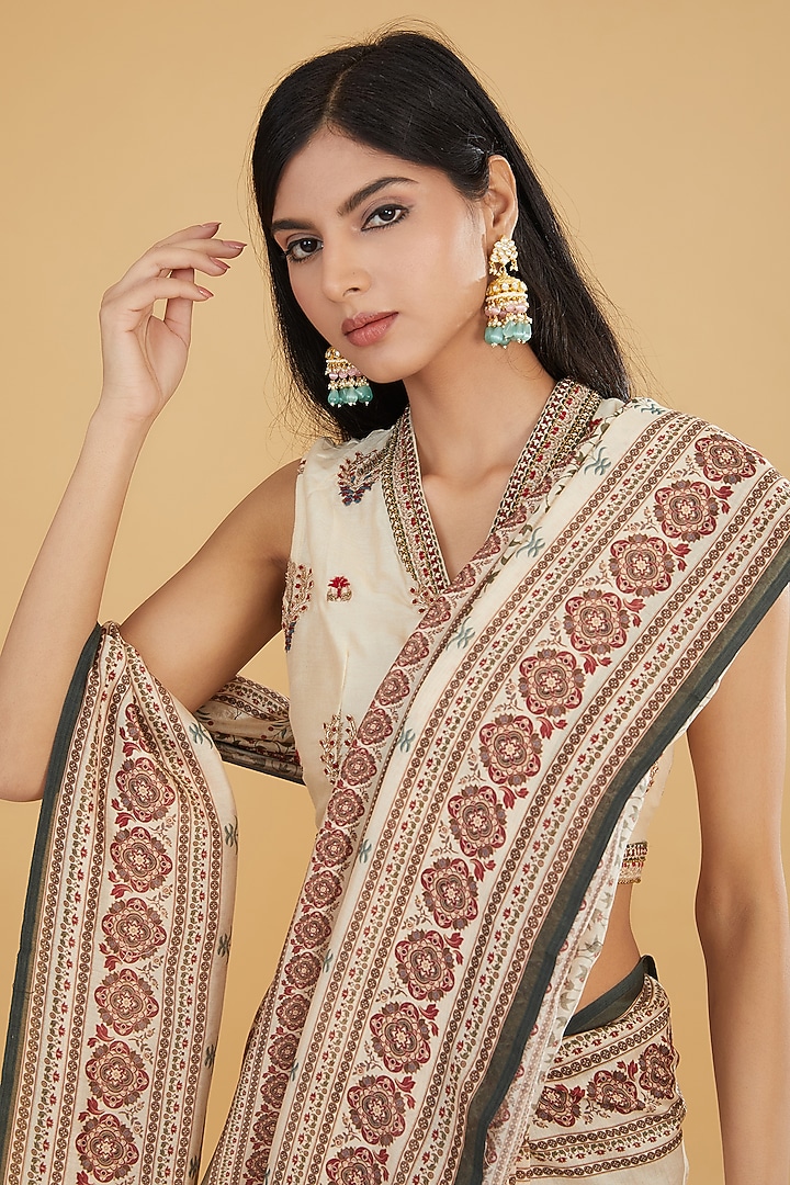 Ivory & Green Cotton Silk Floral Printed Party Wear Saree Set by Aharin India at Pernia's Pop Up Shop