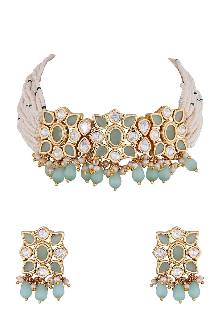 Gold Finish Beaded & Gold Synthetic Stones Choker Necklace Set by Anayah Jewellery