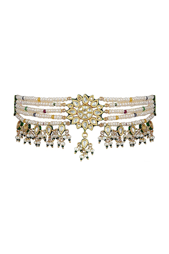 White Finish Kundan Polki & Beaded Choker Necklace Set by Anayah Jewellery