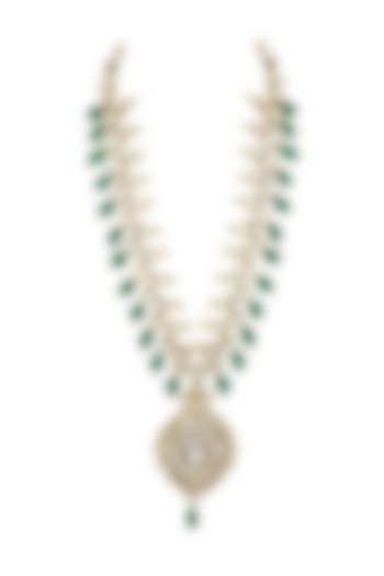 Gold Finish Kundan Polki & Green Drops Long Necklace by Anayah Jewellery