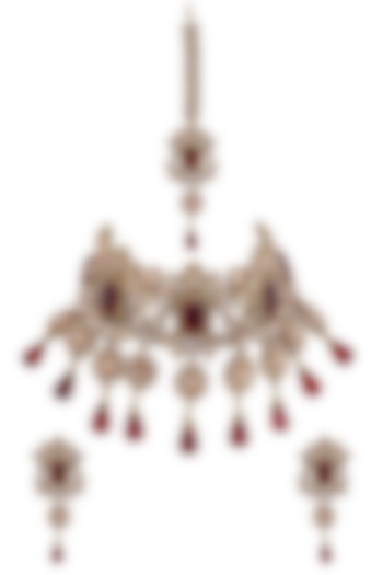 Rose Gold Finish Kundan Polki & Red Stones Bridal Necklace Set by Anayah Jewellery