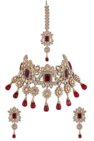 Rose Gold Finish Kundan Polki & Red Stones Bridal Necklace Set by Anayah Jewellery