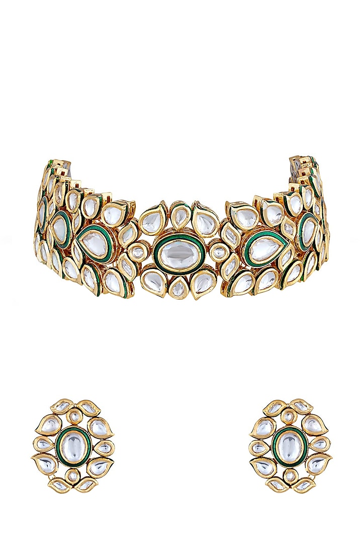 Gold Finish Kundan Polki Choker Necklace Set by Anayah Jewellery