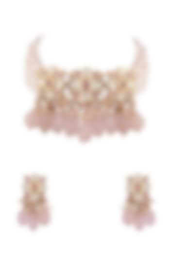 White Finish Pink Stones Choker Necklace Set by Anayah Jewellery