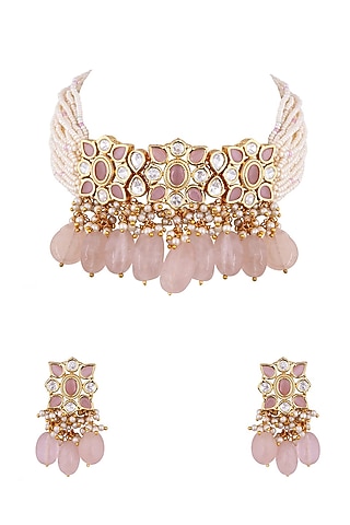 White Finish Pink Stones Choker Necklace Set by Anayah Jewellery