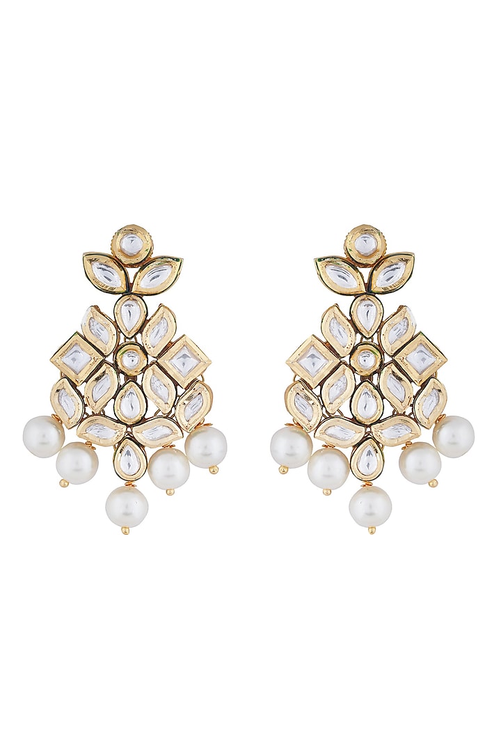 Gold Finish Kundan Polki & Pearl Earrings by Anayah Jewellery