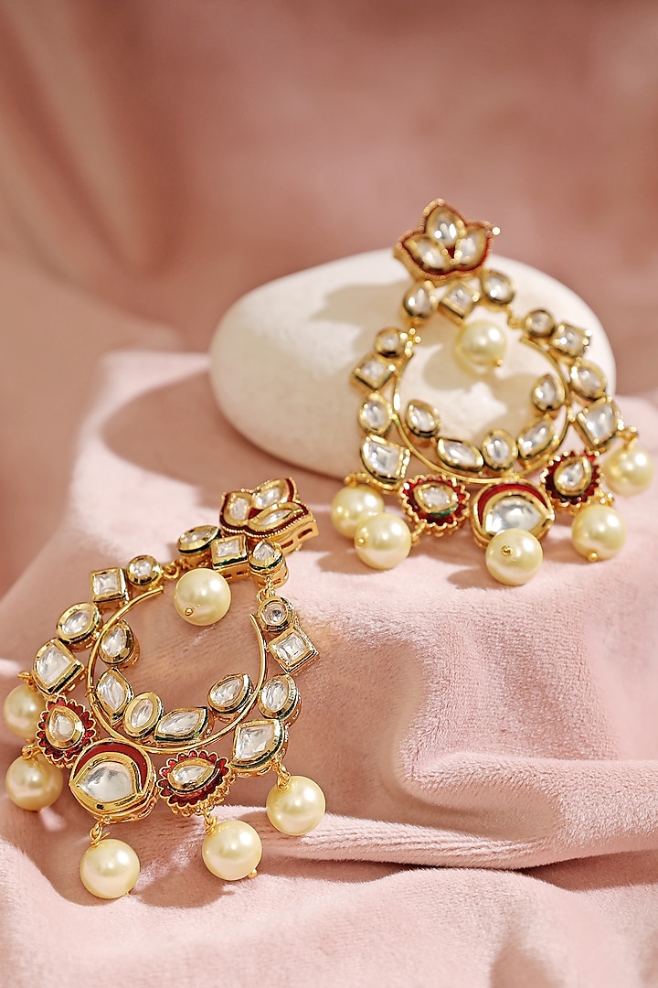 Gold Finish Kundan Polki & Pearl Meenakari Earrings by Anayah Jewellery