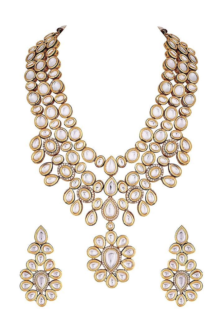 Gold Finish Kundan Polki Long Necklace Set by Anayah Jewellery