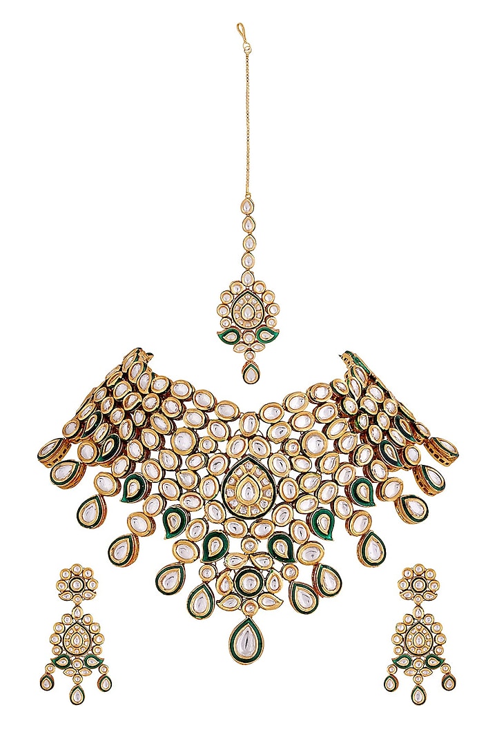 Gold Finish Kundan Polki Meenakari Choker Necklace Set by Anayah Jewellery