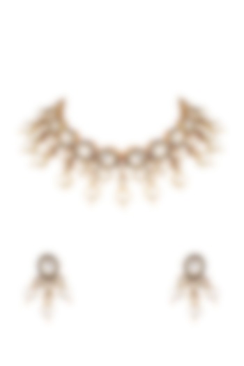 Gold Finish Pearl & Kundan Polki Choker Necklace Set by Anayah Jewellery