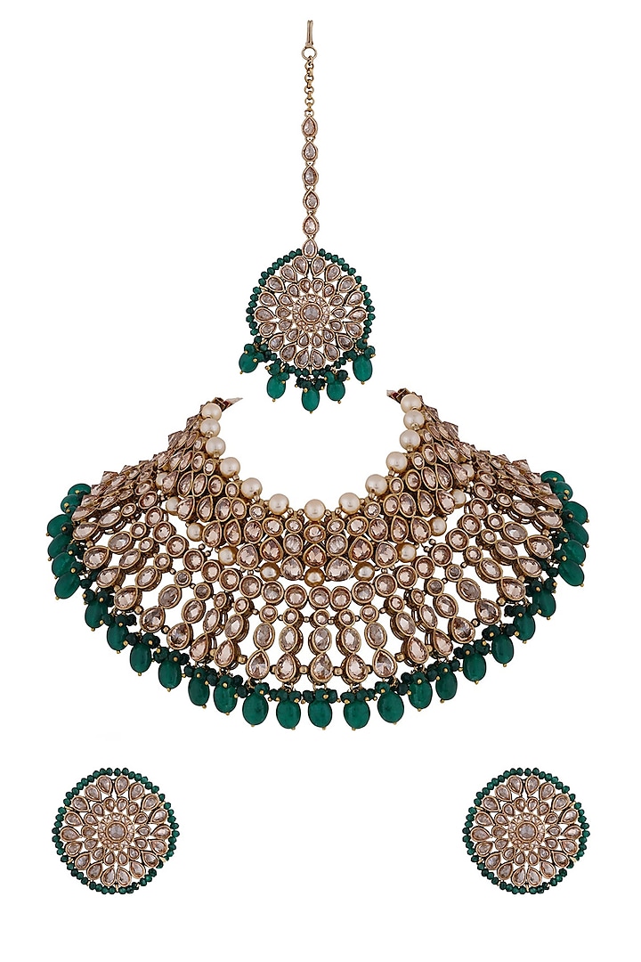 Gold Finish Kundan Polki & Green Drops Choker Necklace Set by Anayah Jewellery