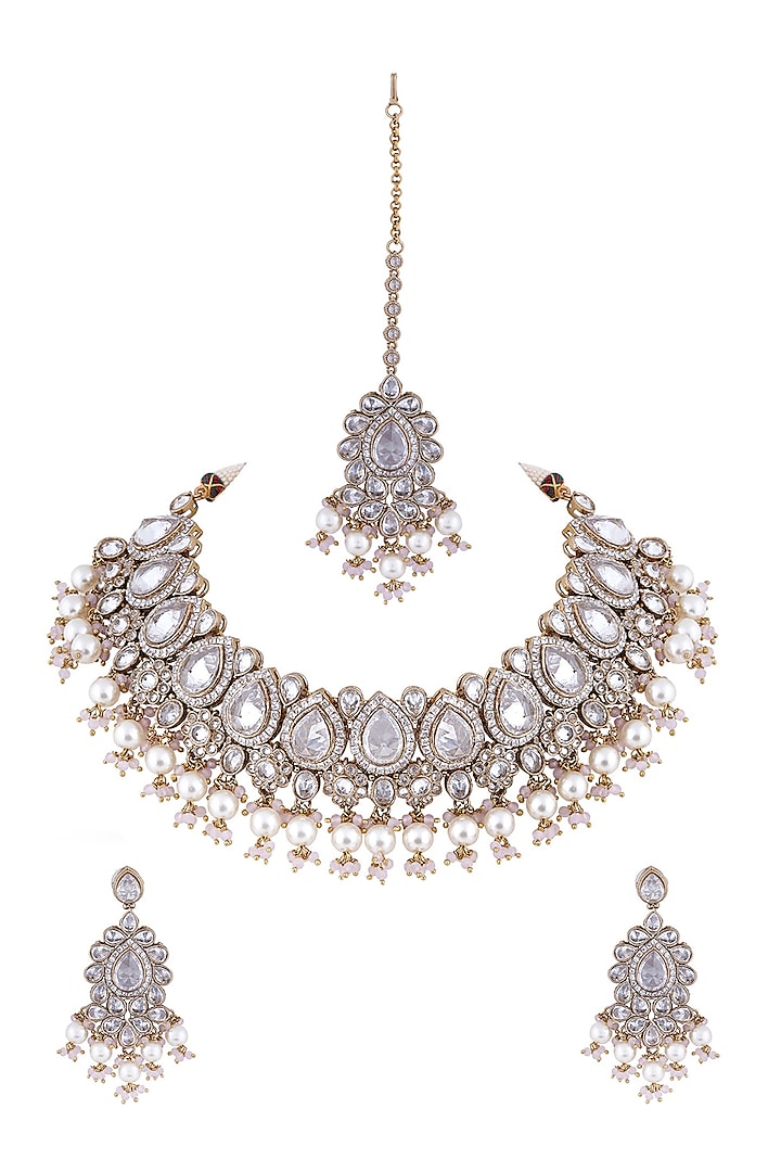 White Finish Pearl & Crystal Choker Necklace Set by Anayah Jewellery