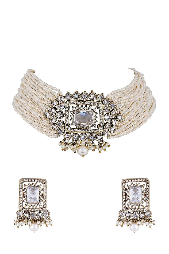 White Finish Crystal & Pearl Choker Necklace Set by Anayah Jewellery