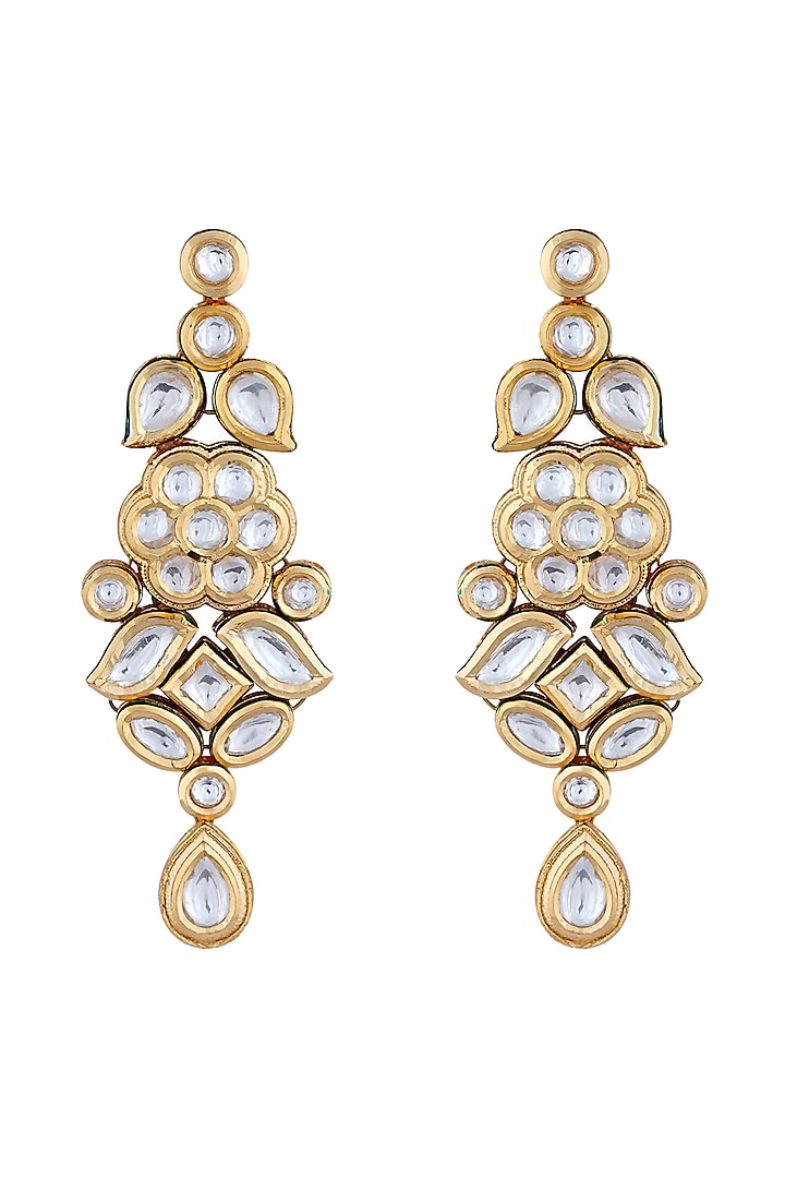 Gold Finish Kundan Polki Earrings In Brass by Anayah Jewellery