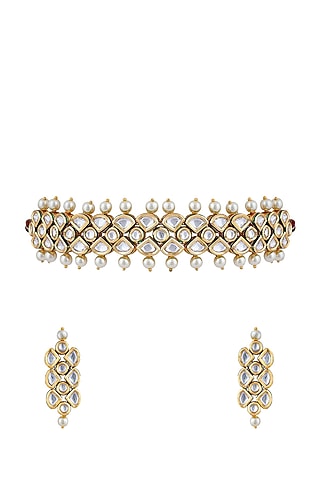 Gold Finish Kundan Polki Necklace Set In Mixed Metal by Anayah Jewellery